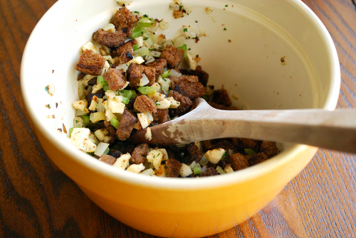 Stuffing Rye-Stuffed Pork Chops with Apple-Thyme Pan Sauce recipe and image by Lacey Stevens-Baier, personal chef of Sweet Pea Chef