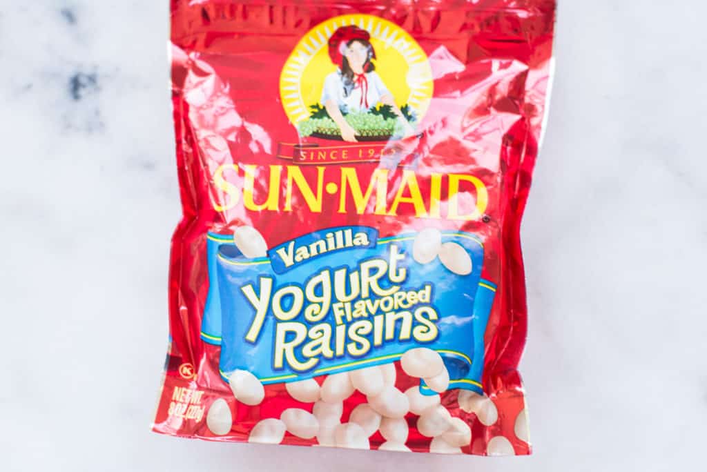 Overhead view of yogurt flavored raisins, which are an inflammatory food because of the added sugar and artificial ingredients.